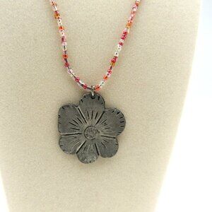 Pewter Flower Necklace‎ 1.5" Pendant Adjustable 15" Multicolor Glass Beads